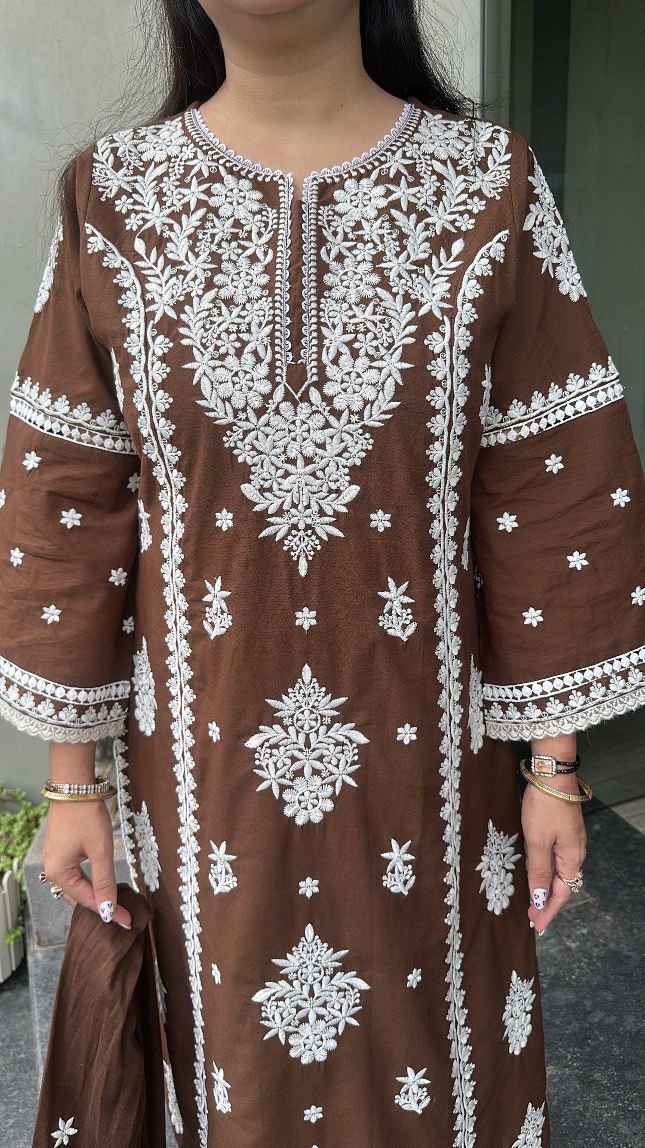 Chikoo Brown Chikankari A-Line Cotton Suit