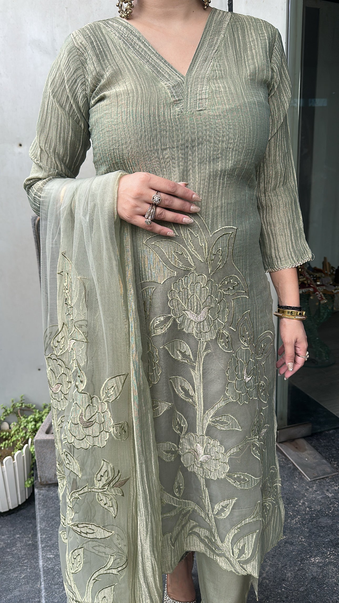Nargis Olive Green Applique work Designer Suit