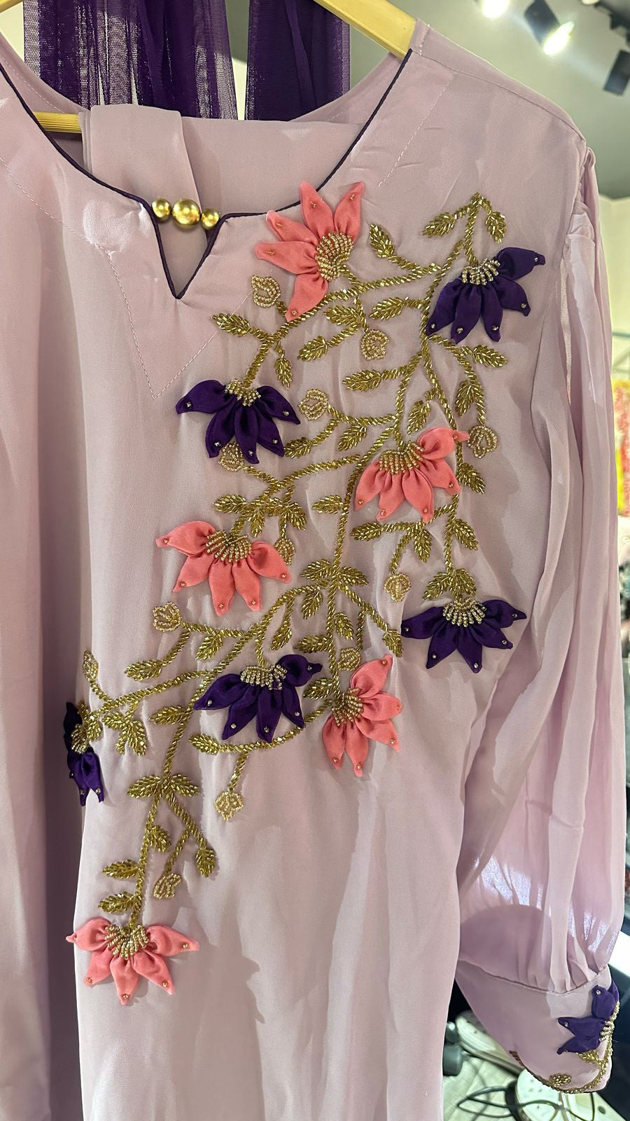 Lavender Net flower Hand embroidery suit 3pc