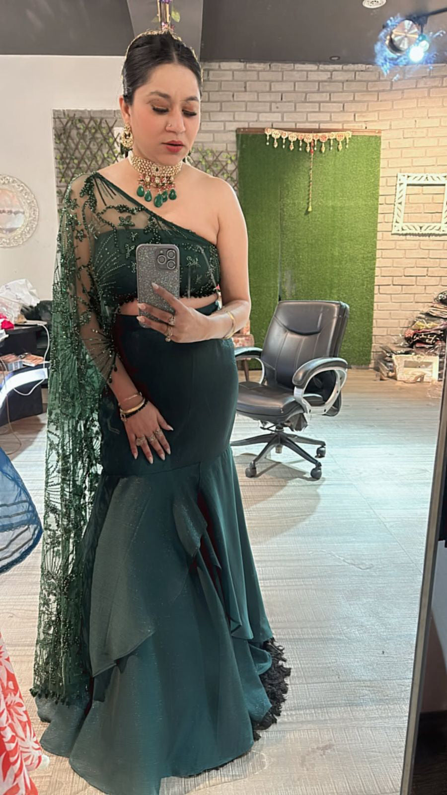 Off shoulder embroidered fish cut style