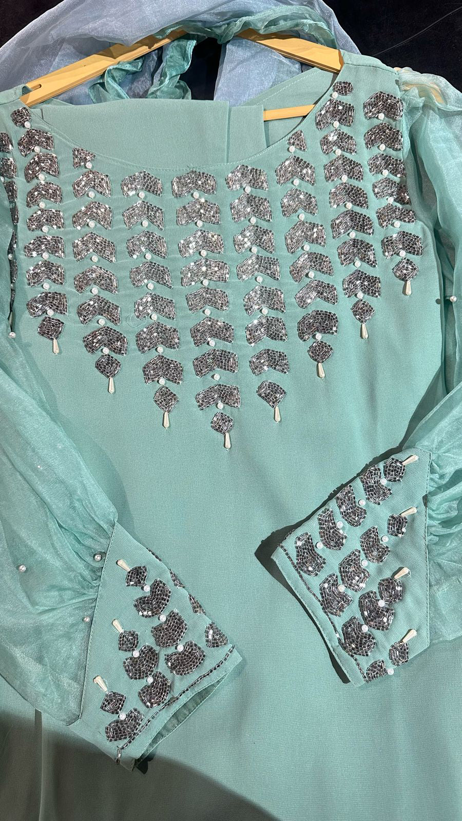 Teal Blue Embroidered katdana organza sleeves design suit 3pc