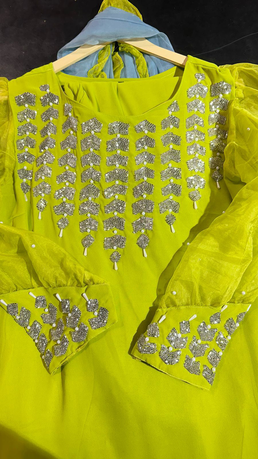 Lime Embroidered katdana organza sleeves design suit 3pc