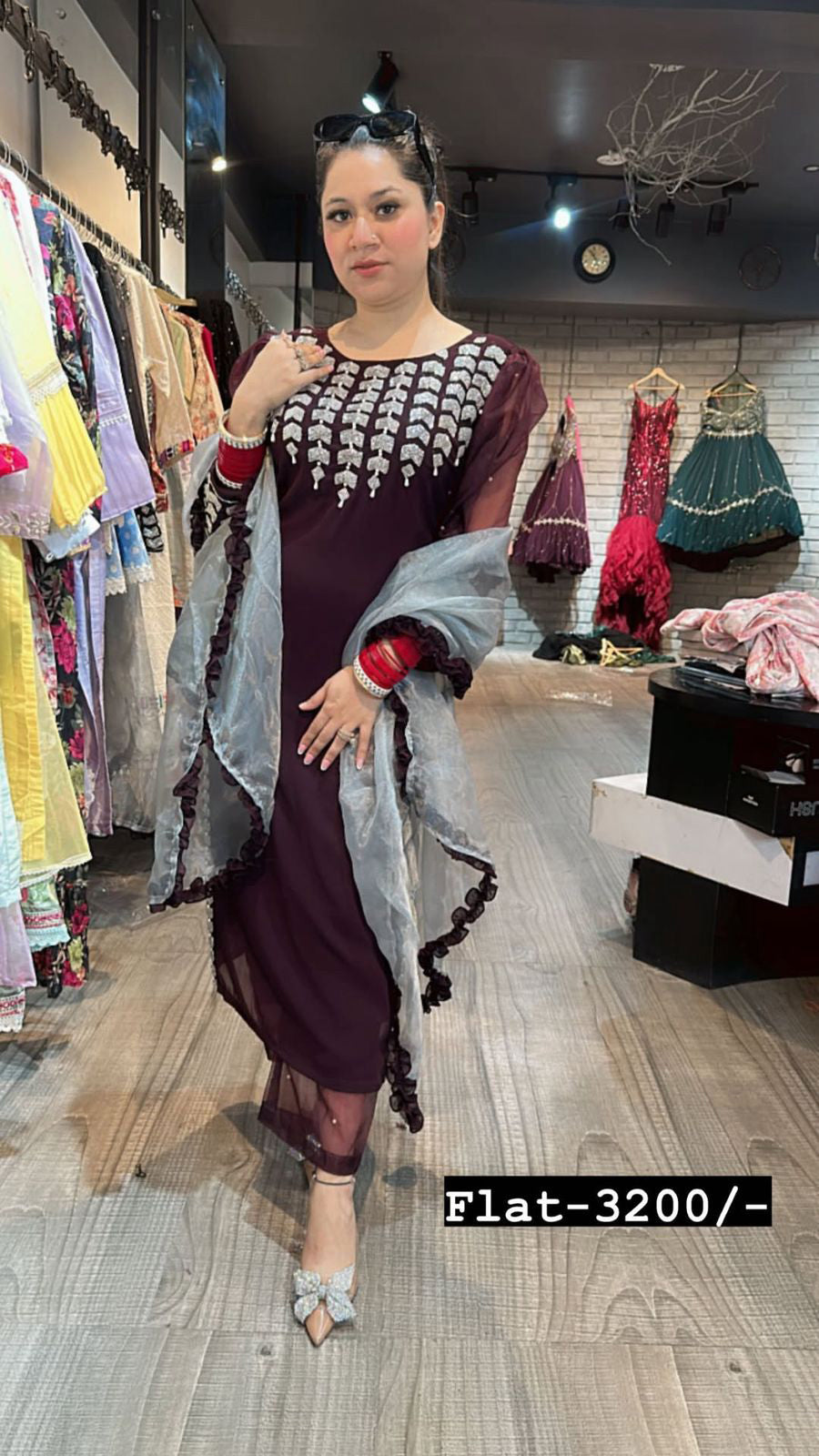 Wine Embroidered katdana organza sleeves design suit 3pc