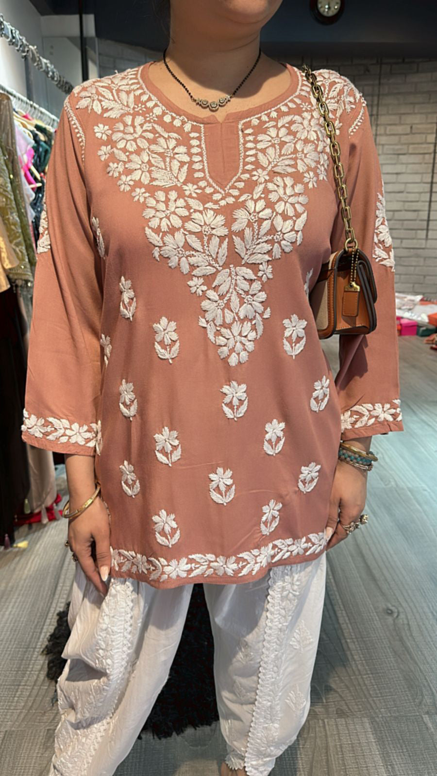 Short chikankari kurta with tulip pants 2pc