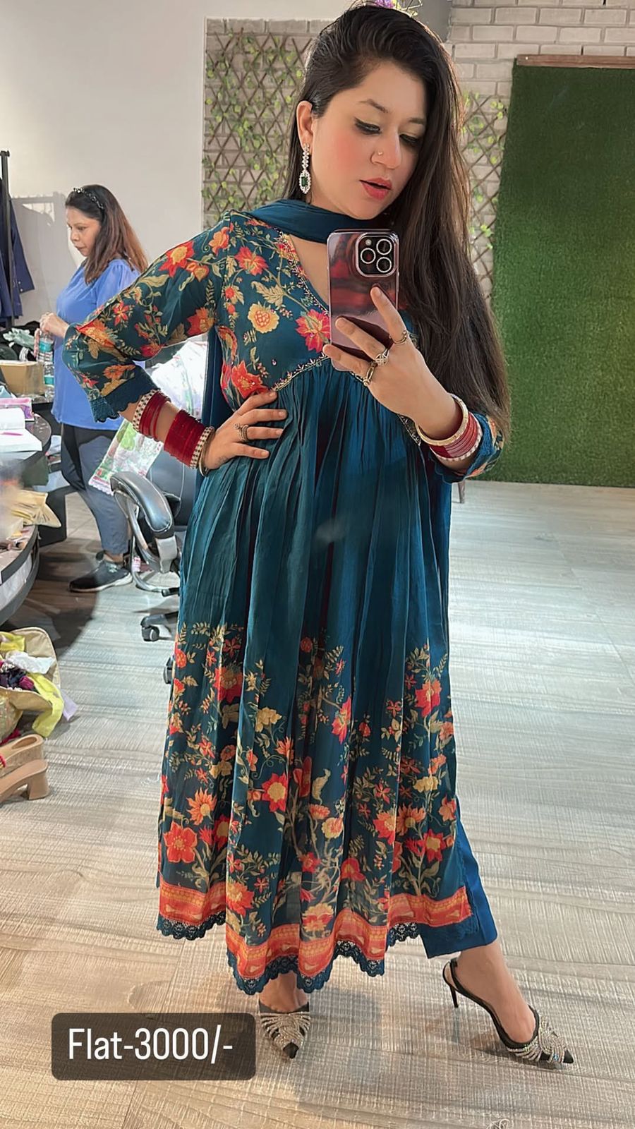 Teal blue Printed Anarkali suit