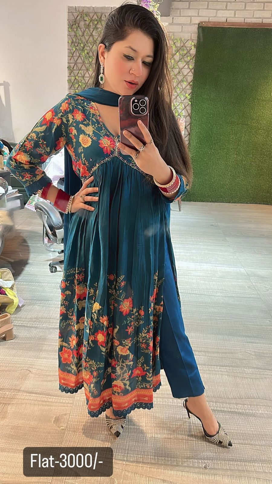 Teal blue Printed Anarkali suit