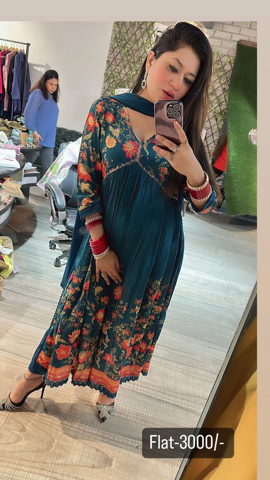 Teal blue Printed Anarkali suit