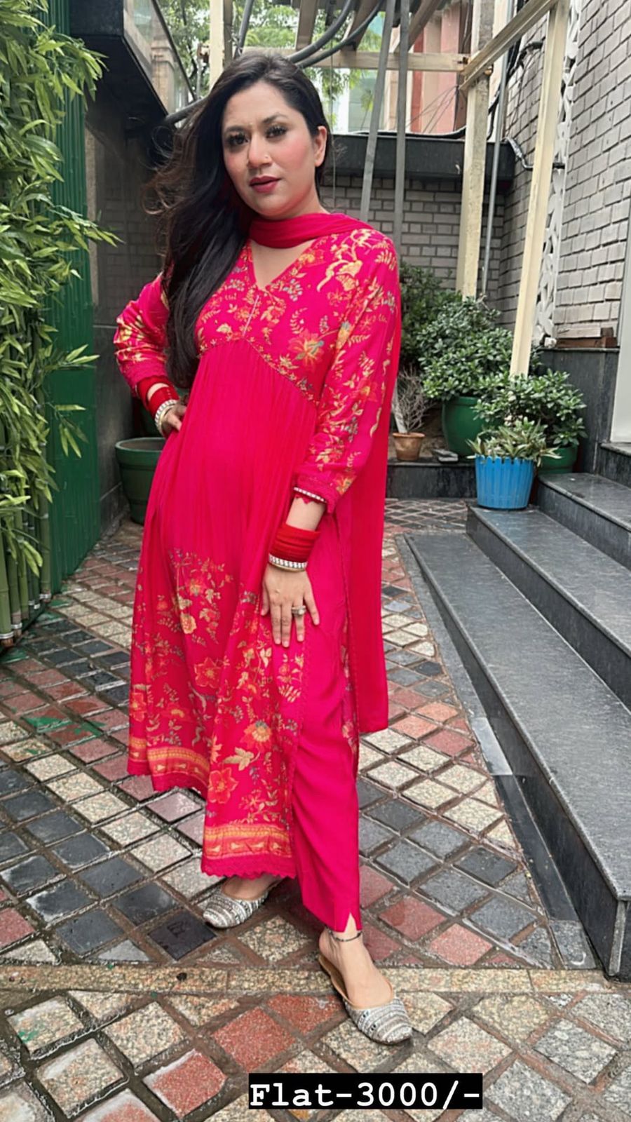 Hot pink printed Anarkali