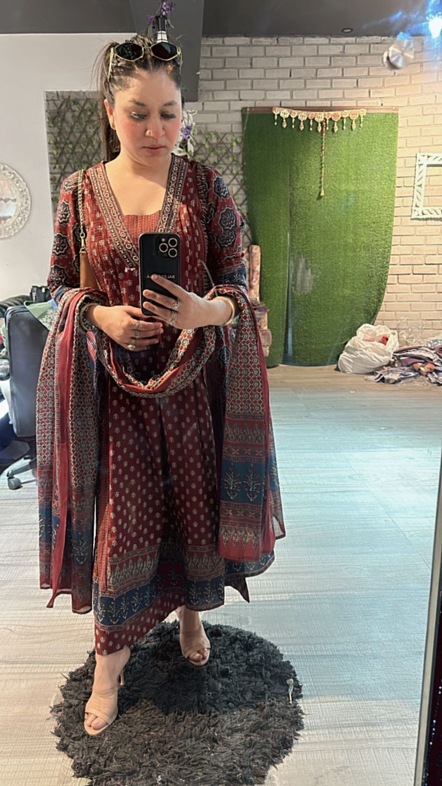 Rust Mahroon Amour printed Anarkali