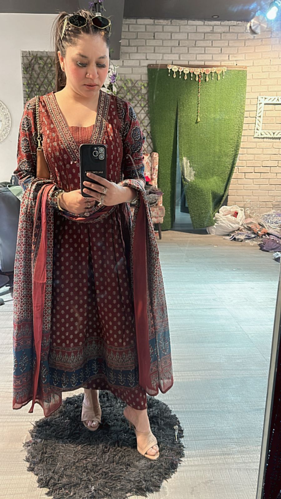 Rust Mahroon Amour printed Anarkali