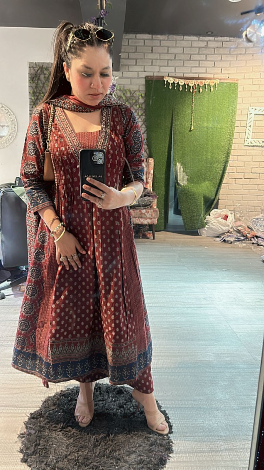 Rust Mahroon Amour printed Anarkali