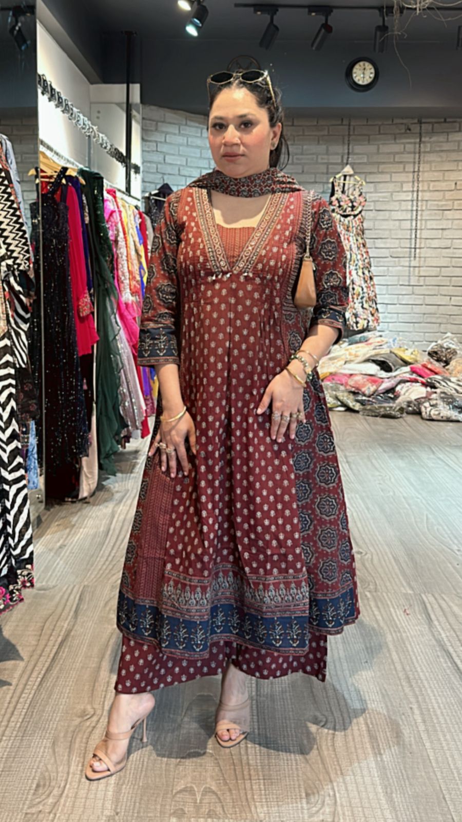 Rust Mahroon Amour printed Anarkali