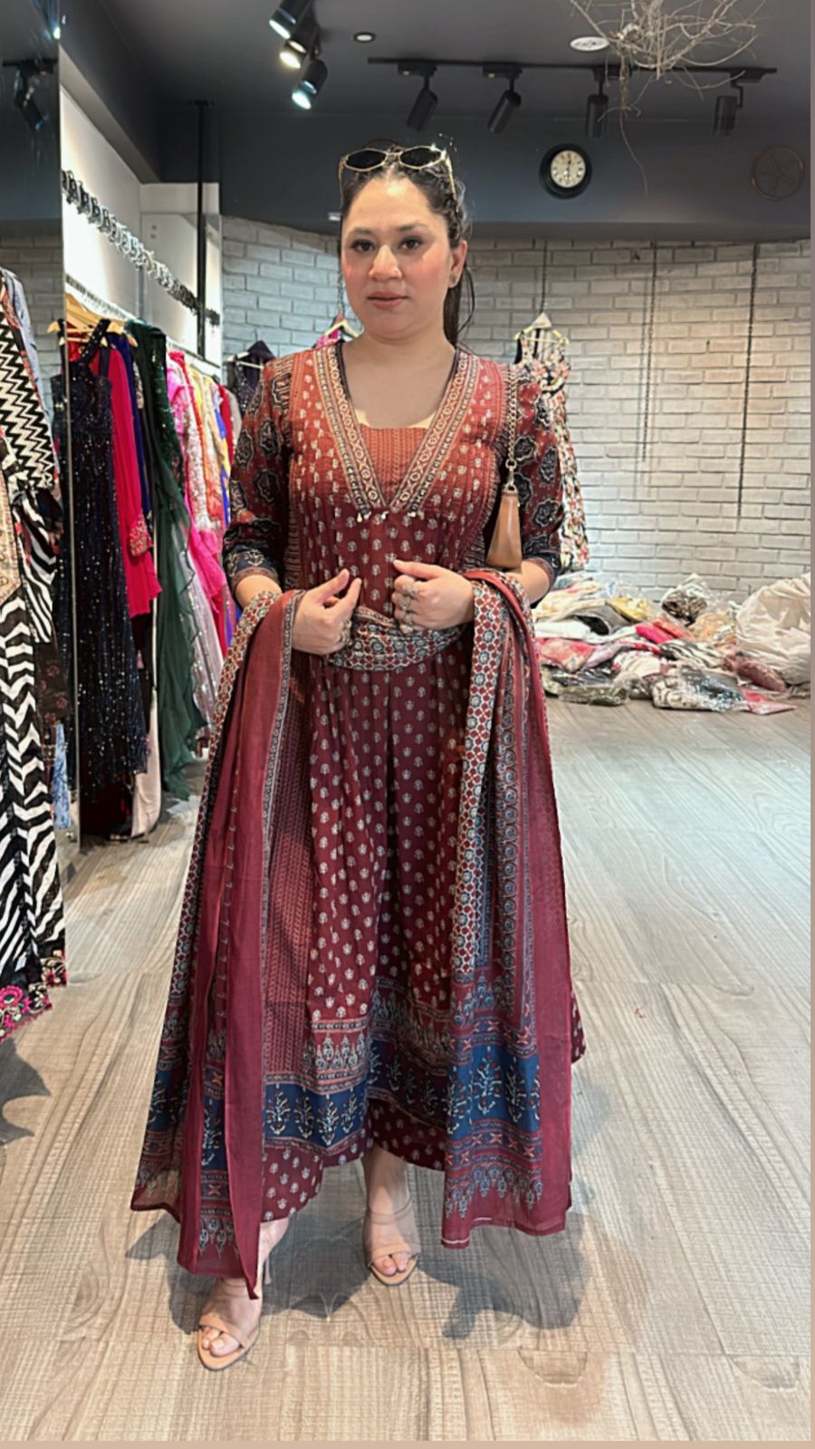 Rust Mahroon Amour printed Anarkali