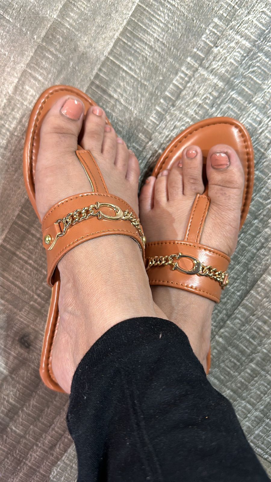 Beige coach chain Flats