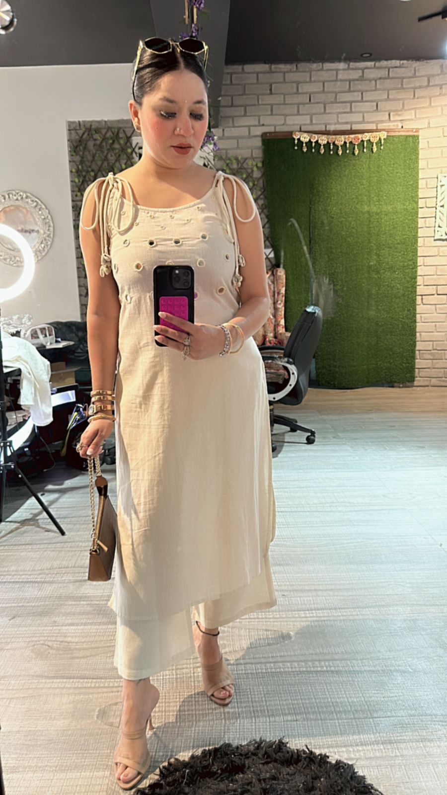 Shells Ivory Mirror strap kurta set