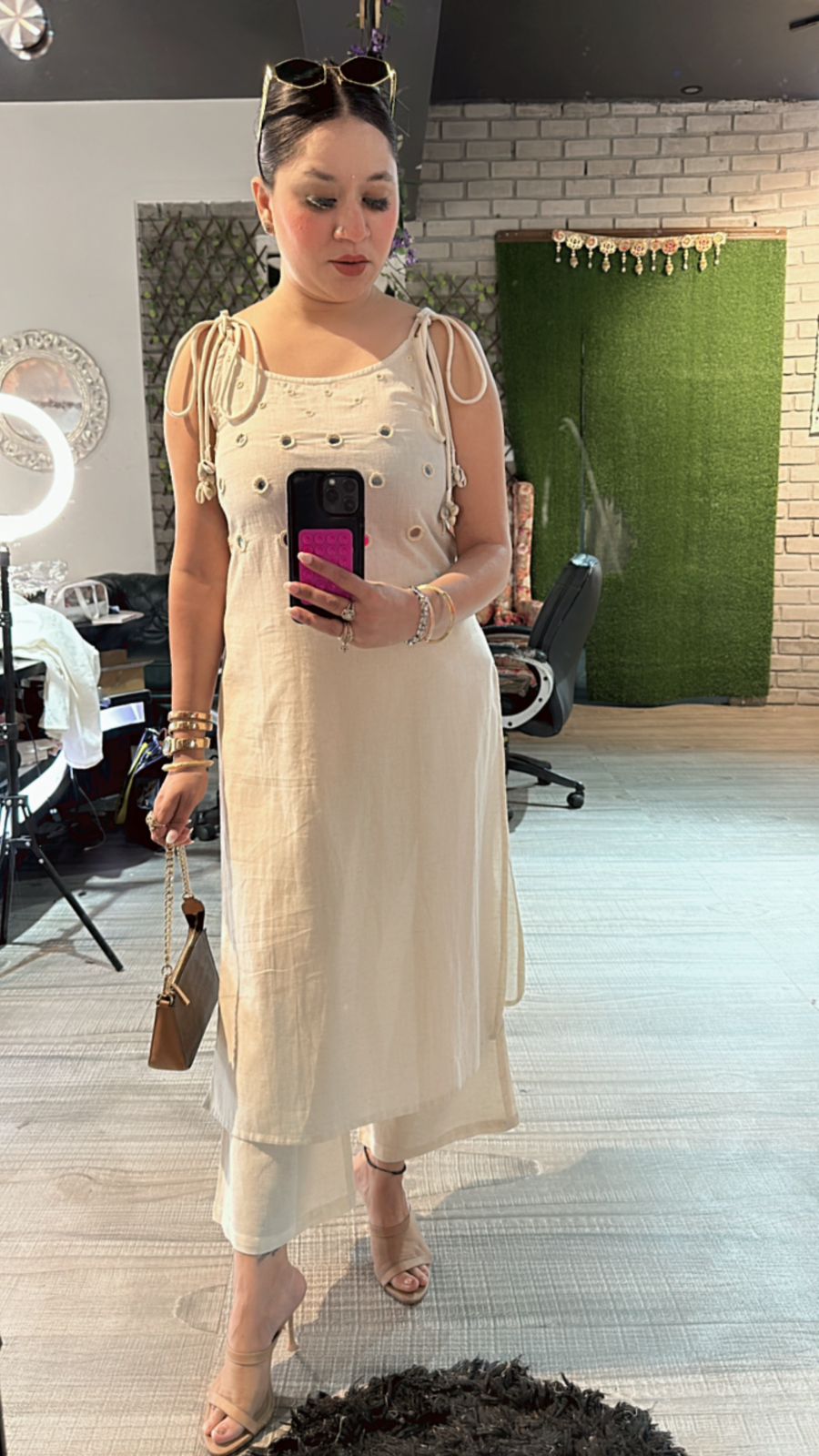 Shells Ivory Mirror strap kurta set