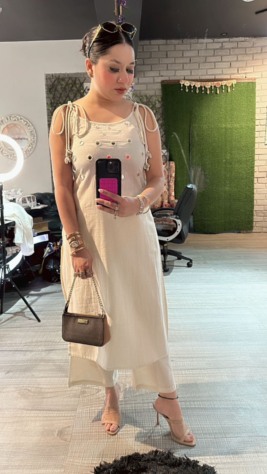 Shells Ivory Mirror strap kurta set