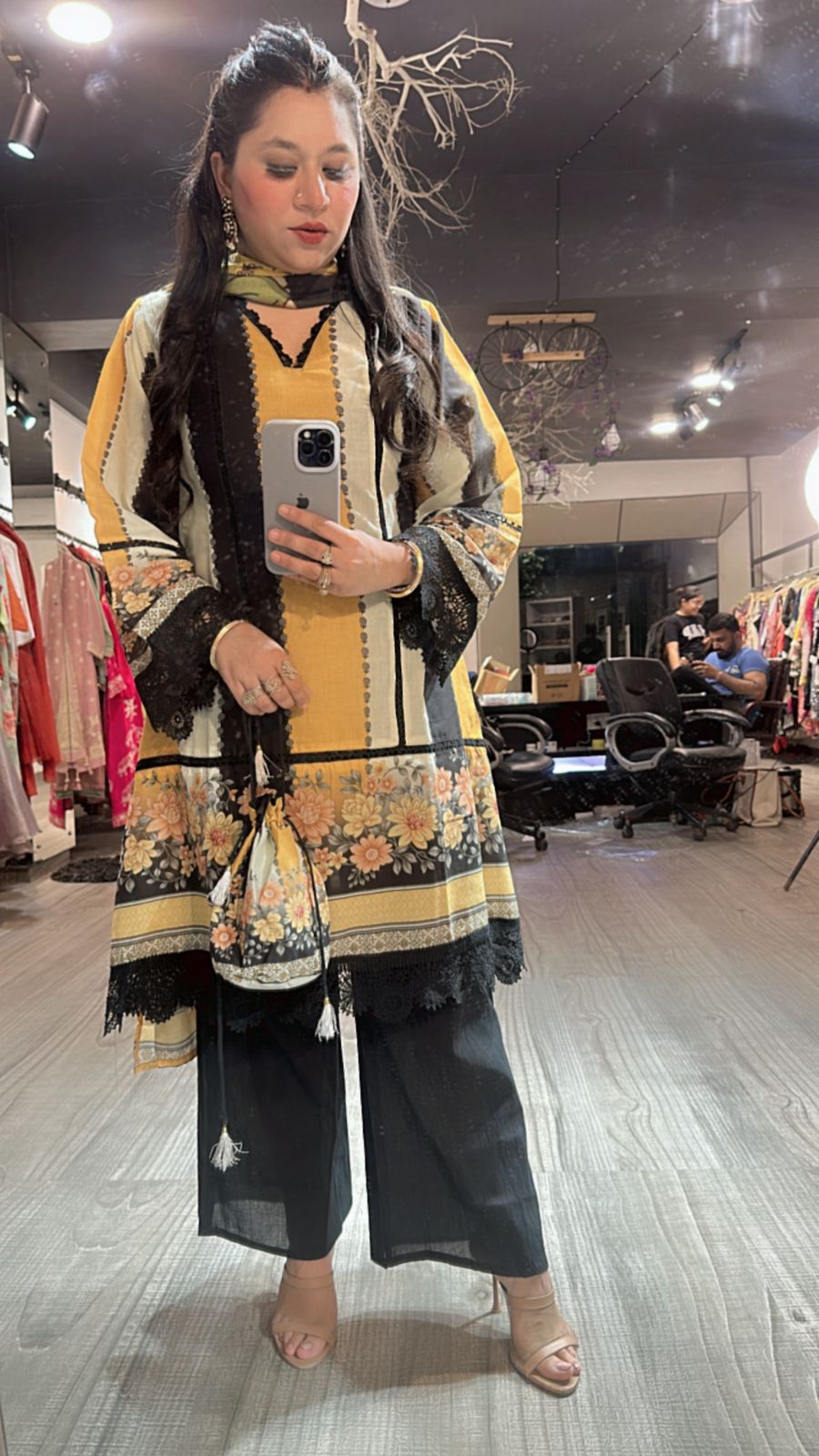 Reva Black Yellow peplum suit