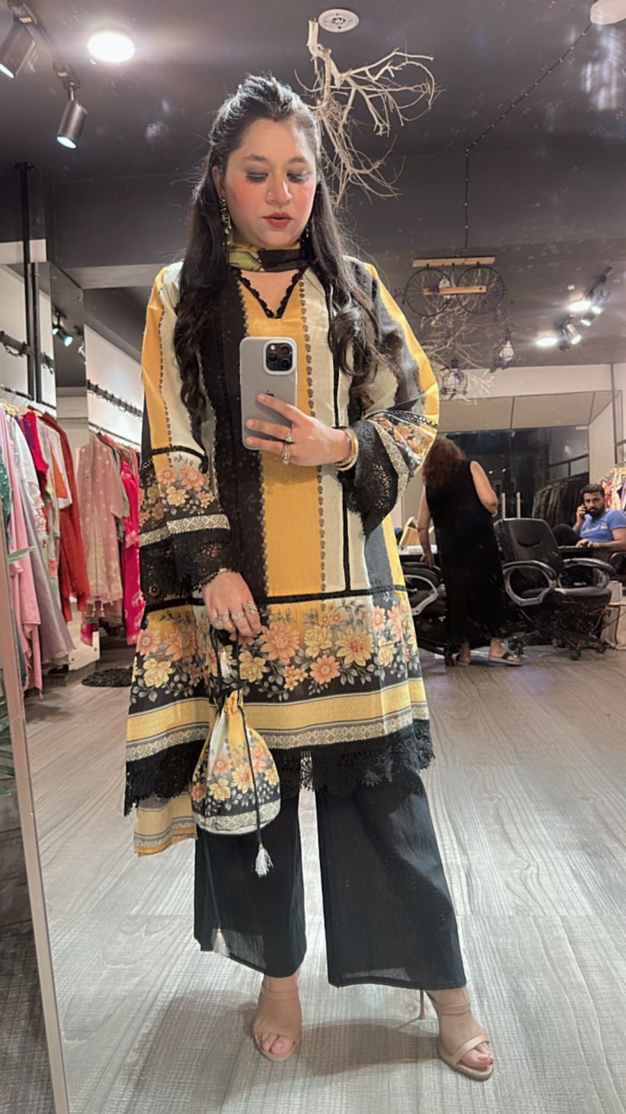Reva Black Yellow peplum suit