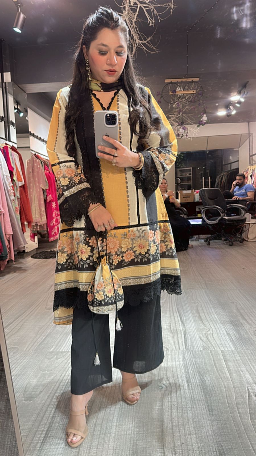 Reva Black Yellow peplum suit