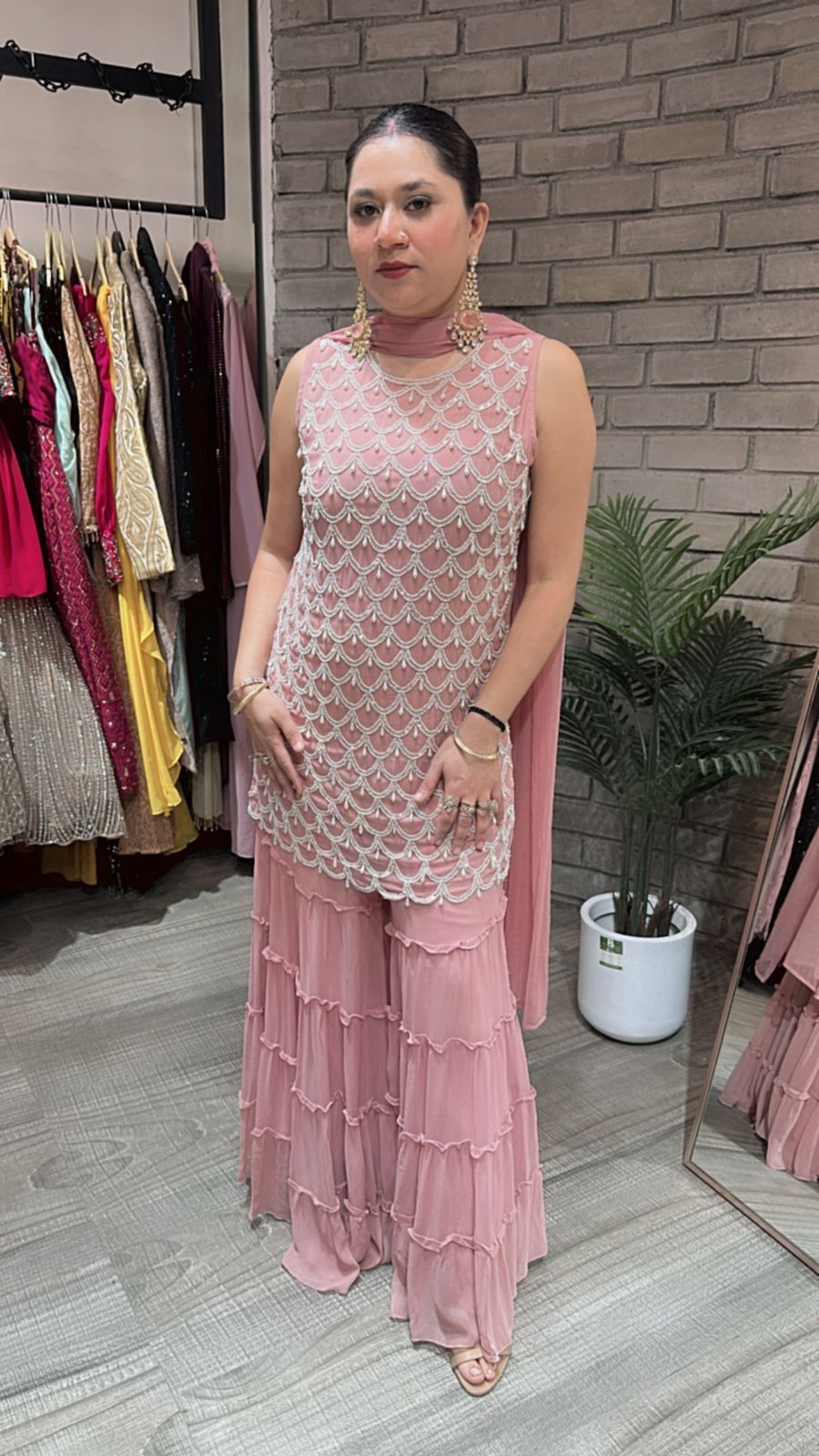 Kaju Katli peach pearl work suit