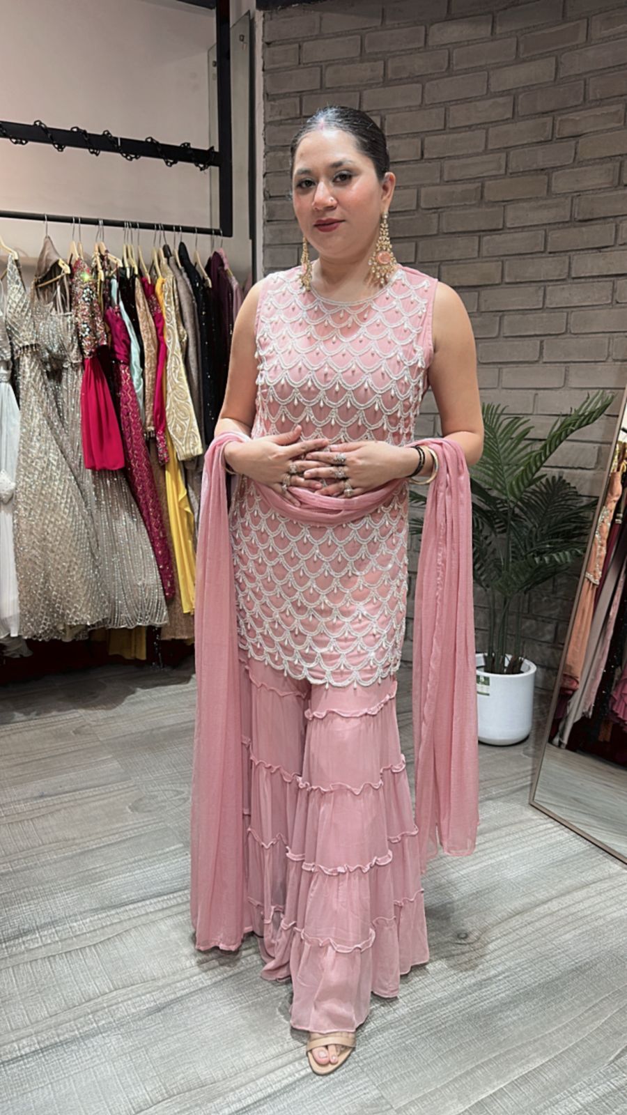 Kaju Katli peach pearl work suit