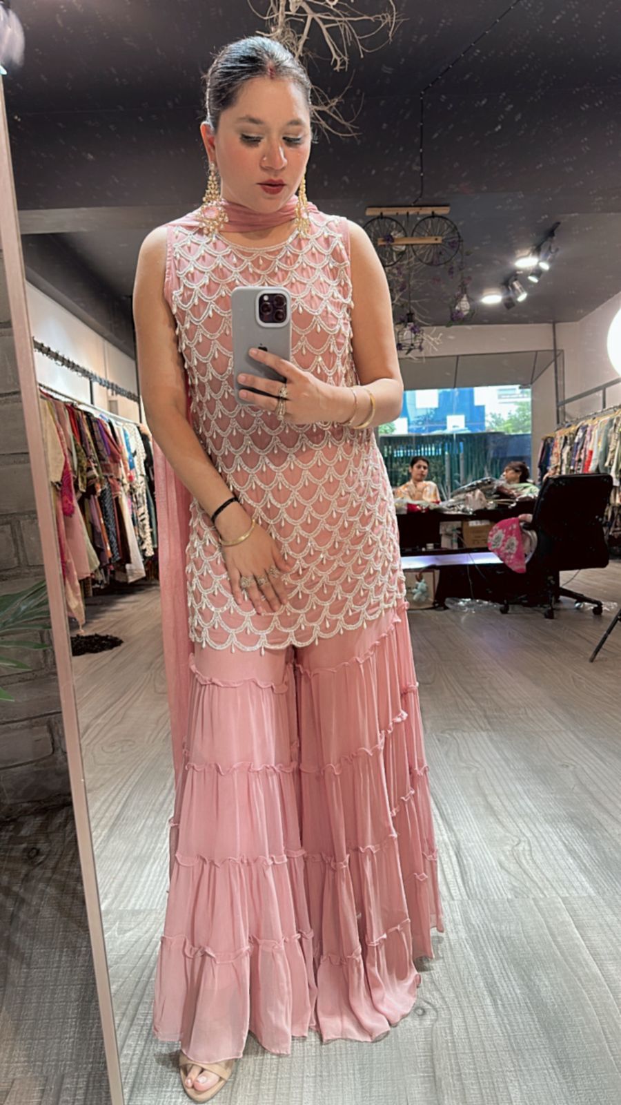 Kaju Katli peach pearl work suit