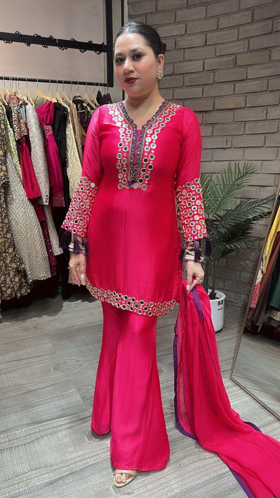 Rabri fuchsia pink Mirror work suit