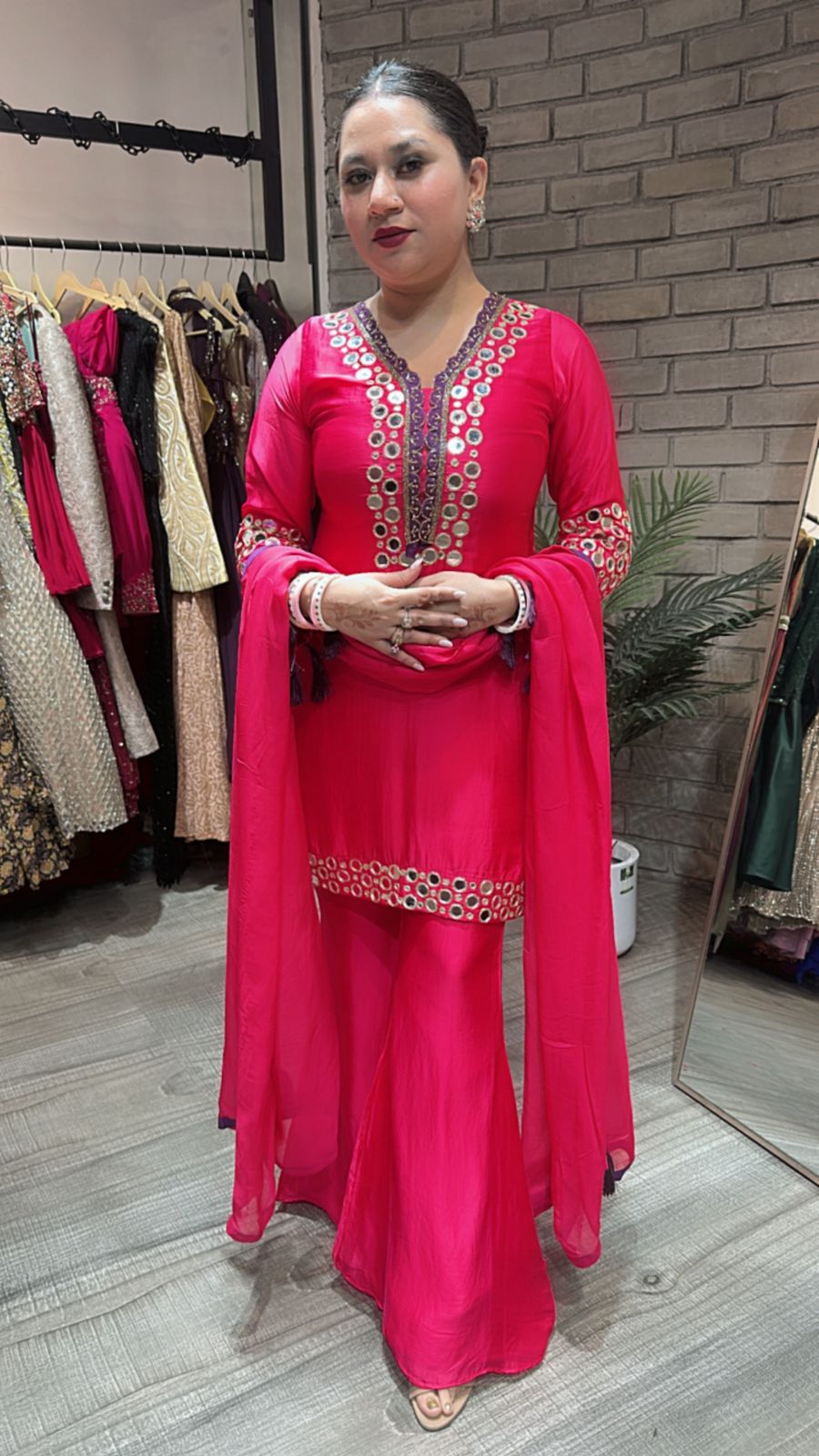 Rabri fuchsia pink Mirror work suit