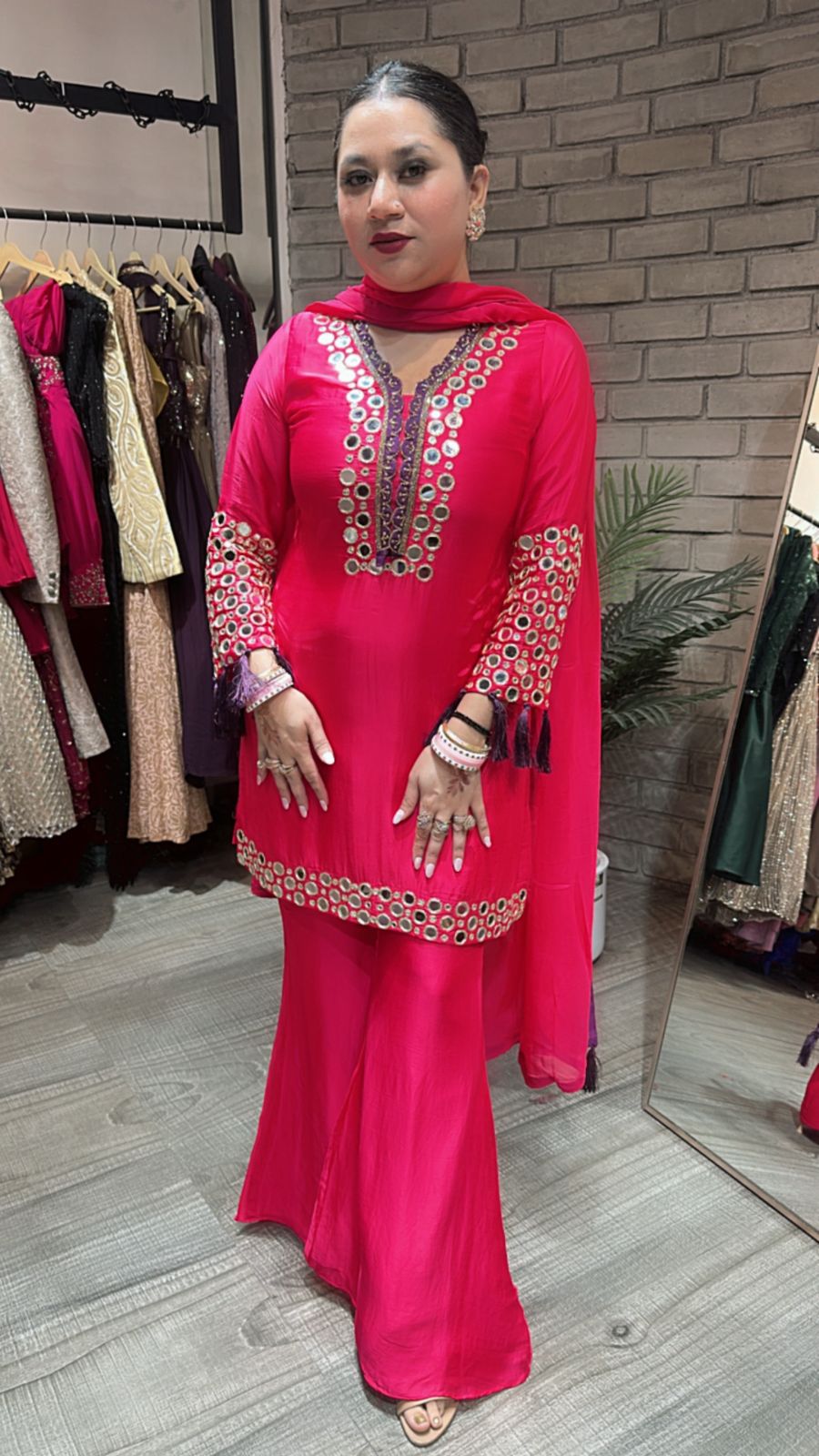 Rabri fuchsia pink Mirror work suit