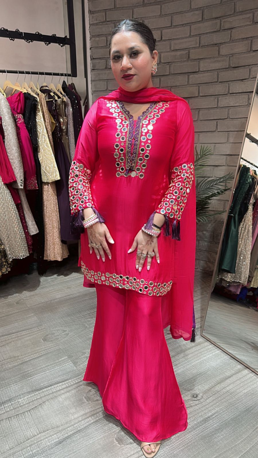 Rabri fuchsia pink Mirror work suit
