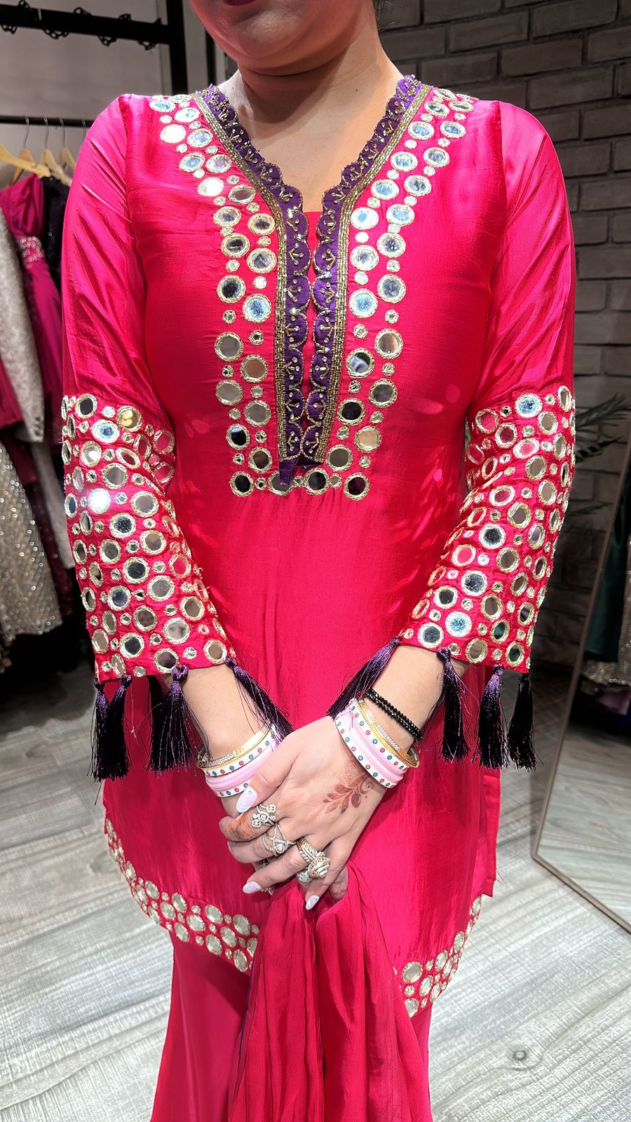 Rabri fuchsia pink Mirror work suit