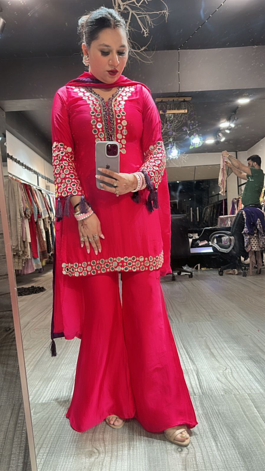 Rabri fuchsia pink Mirror work suit