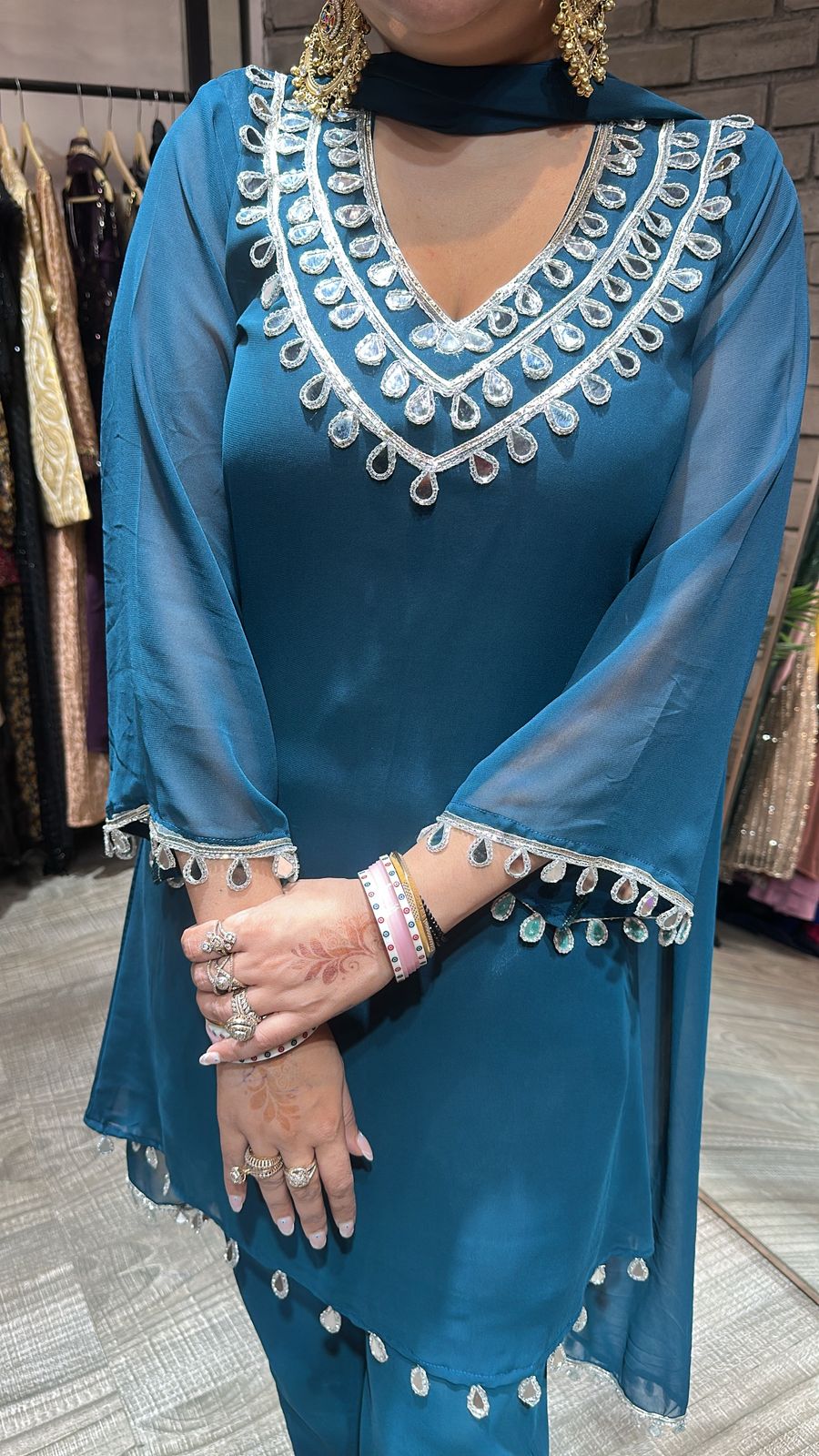 Rakhi Teal Blue Mirror suit