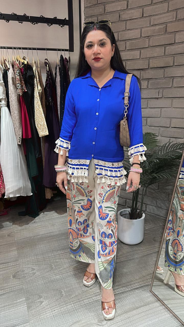 Jhilmil Elictric Blue printed pants cordset