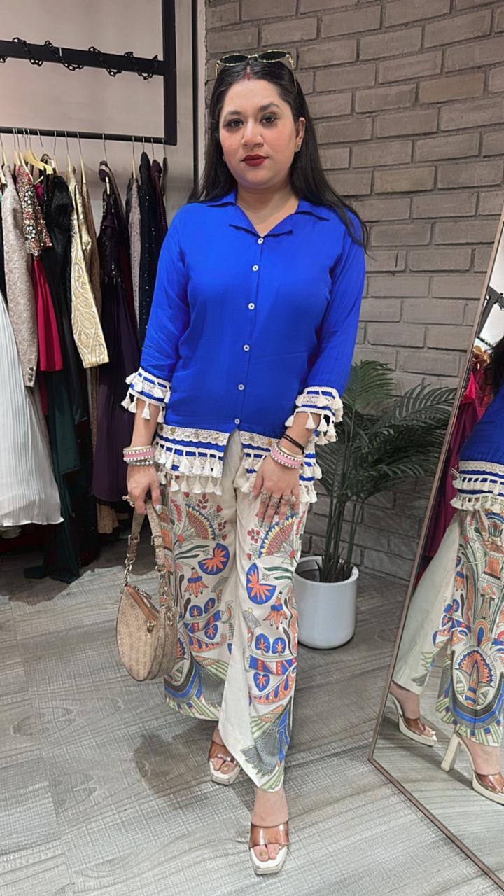 Jhilmil Elictric Blue printed pants cordset