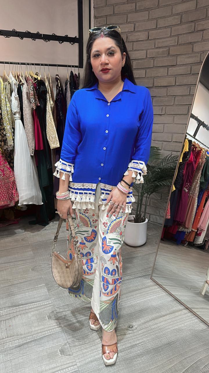 Jhilmil Elictric Blue printed pants cordset