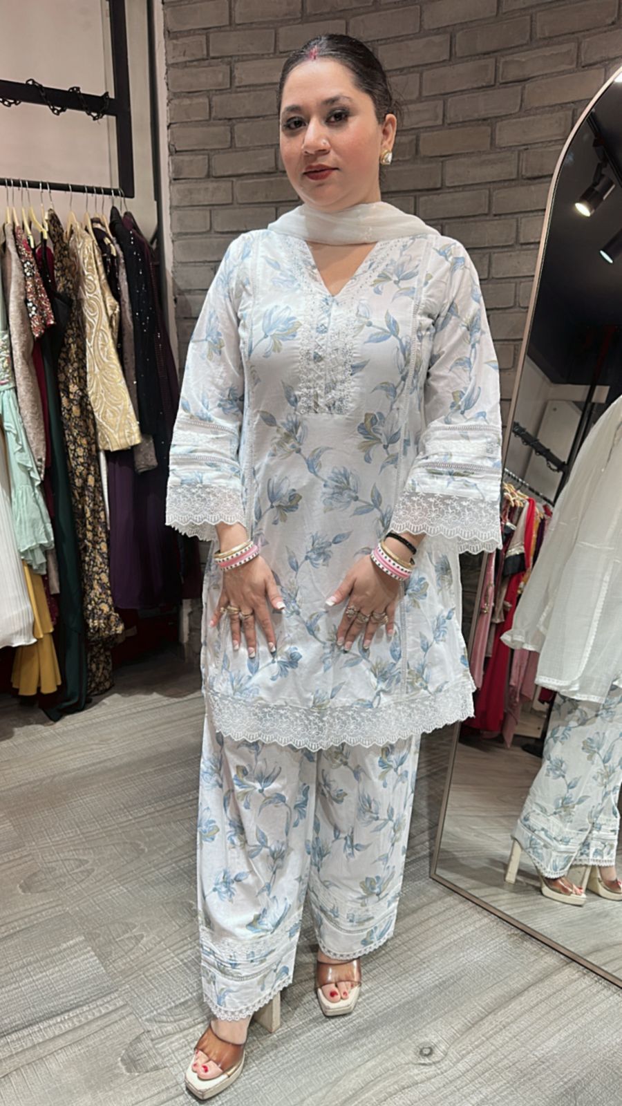 Darjeeling Blue white Farshi Suit