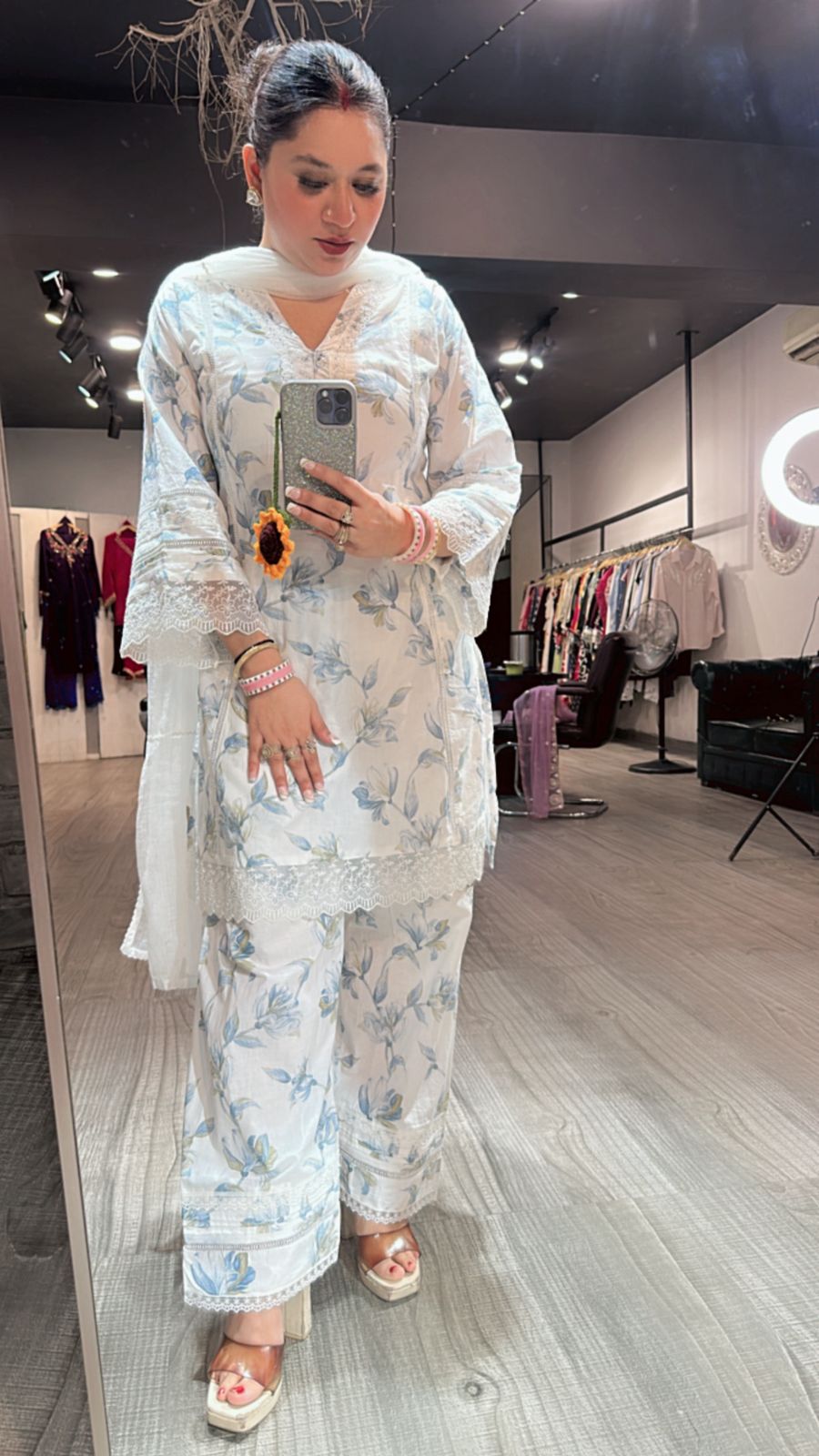 Darjeeling Blue white Farshi Suit