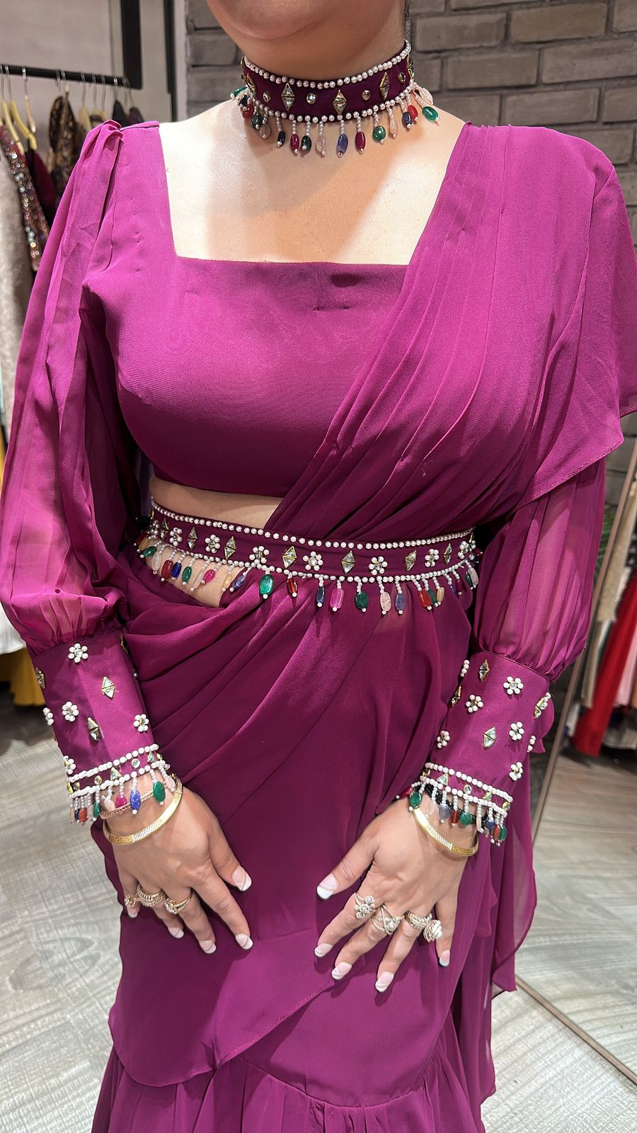 Kundan Drape wine Designer Saree