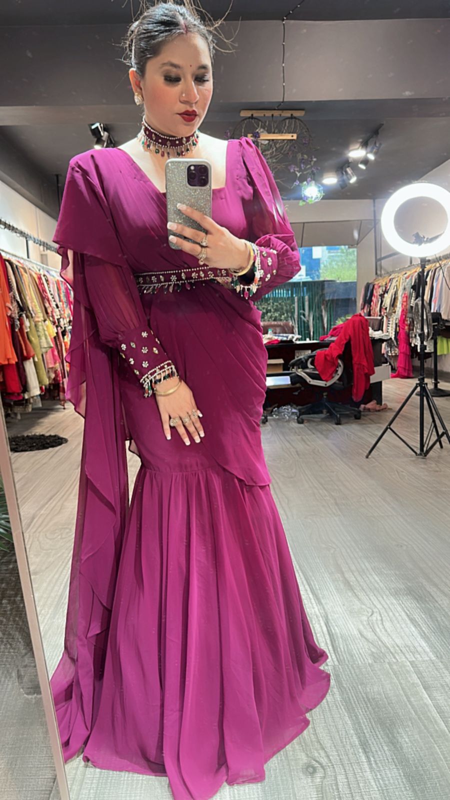 Kundan Drape wine Designer Saree