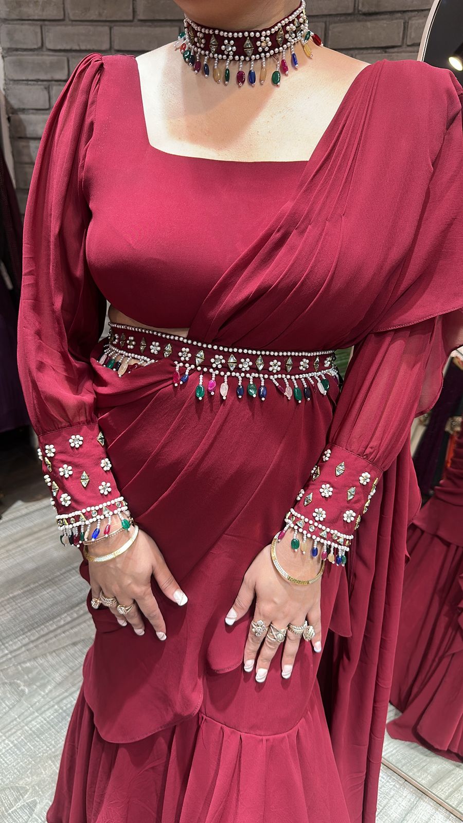 Kundan Drape Mahroon Red Designer