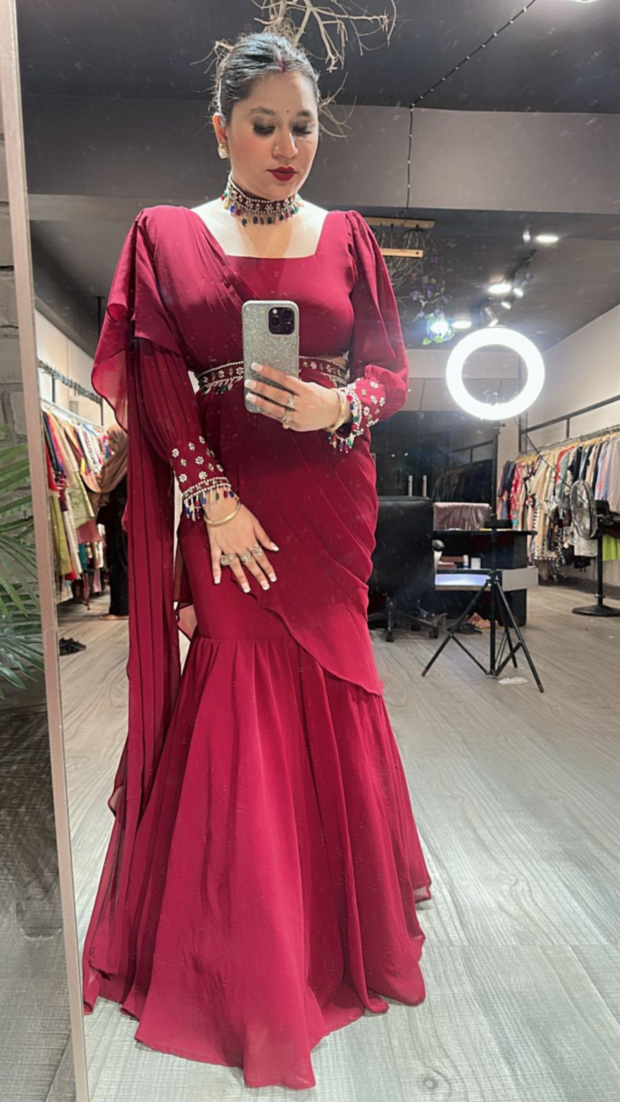 Kundan Drape Mahroon Red Designer
