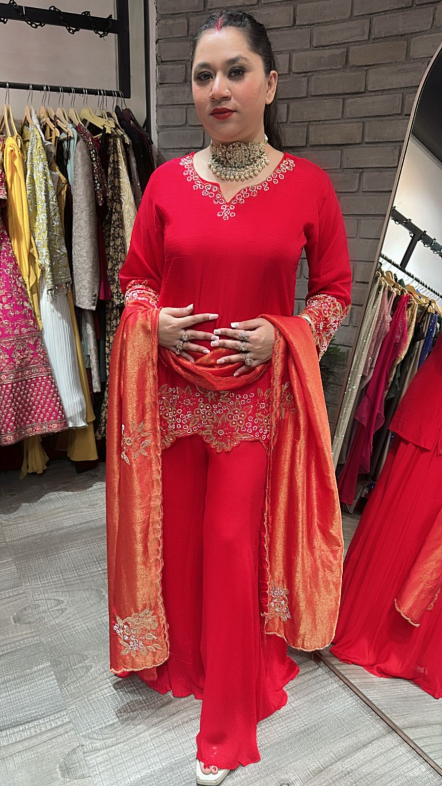 Shehnai Red Plazoo Suit