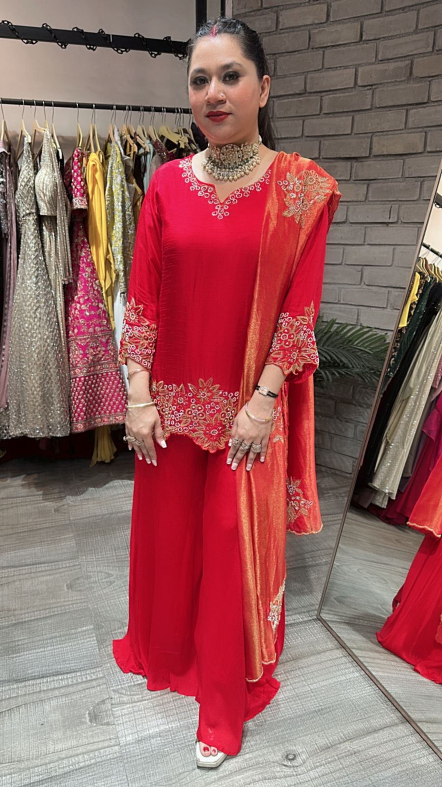 Shehnai Red Plazoo Suit
