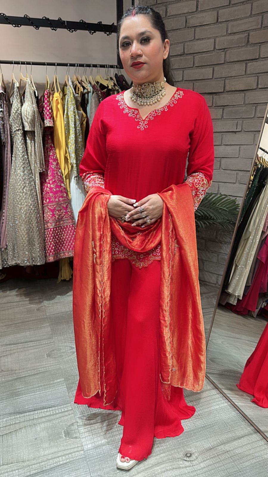 Shehnai Red Plazoo Suit