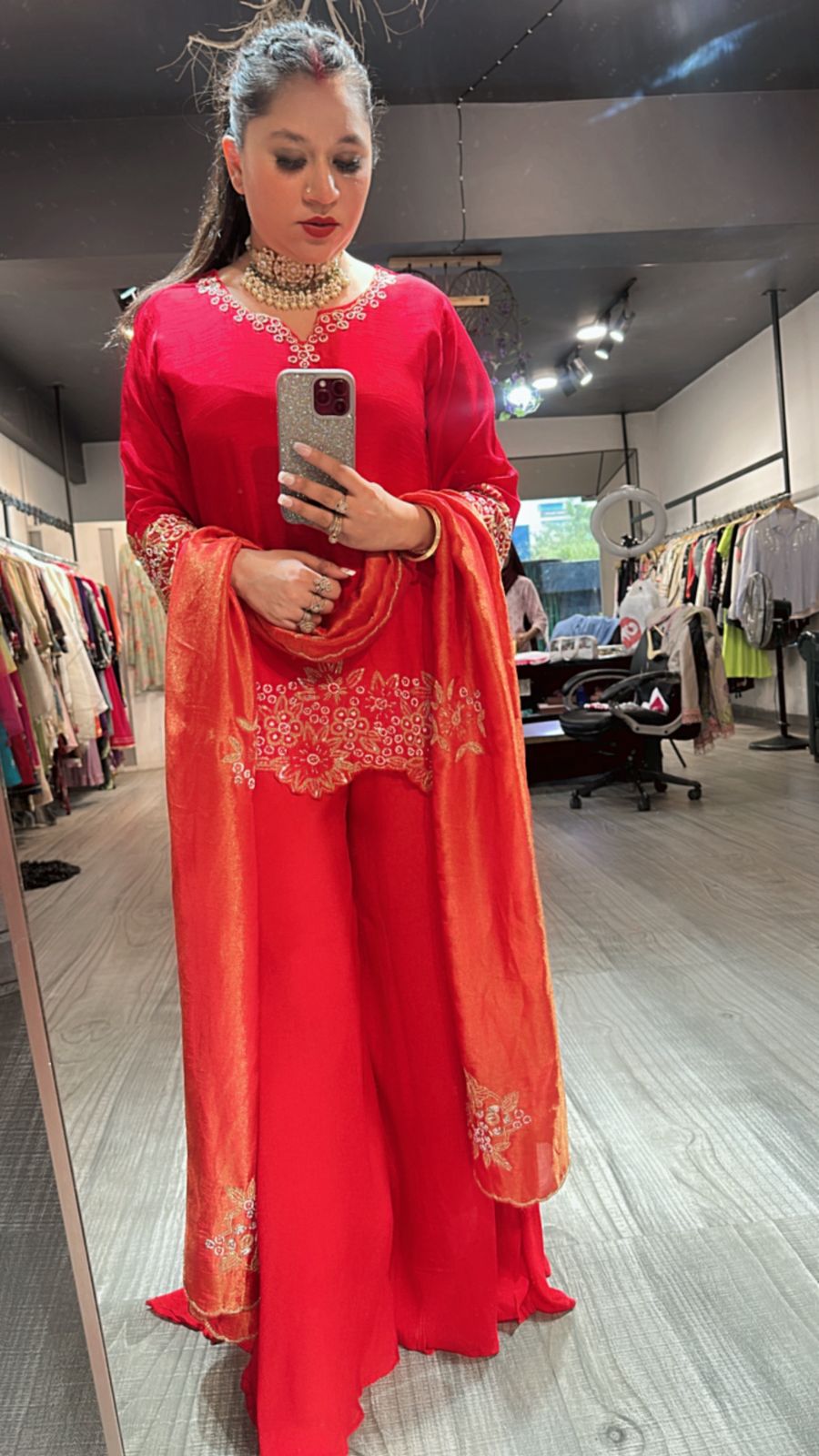 Shehnai Red Plazoo Suit