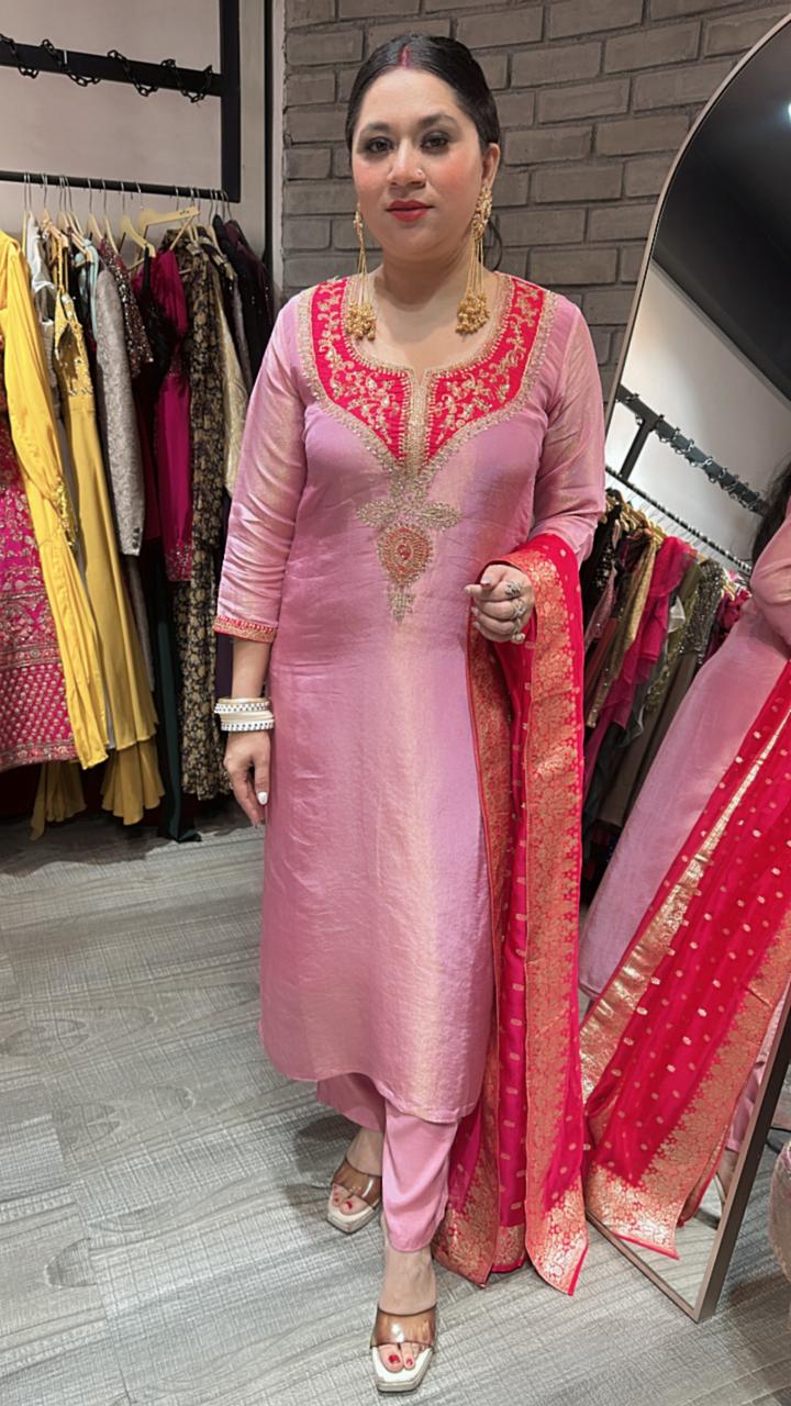 Zardosi pink Red Dupatta Suit