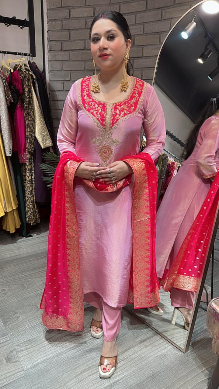 Zardosi pink Red Dupatta Suit