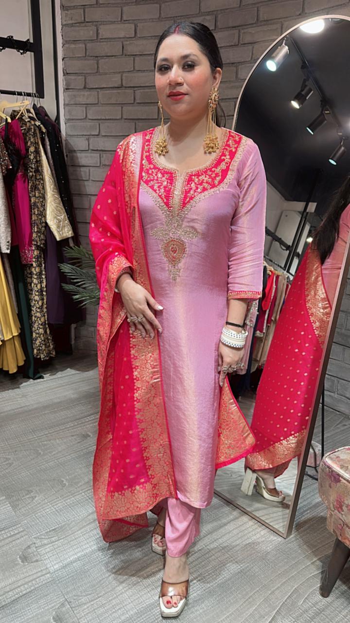 Zardosi pink Red Dupatta Suit